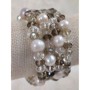 Multi Strand Stretch Bracelet Crystal Beads Faux Pearl Neutral Statement Wrap